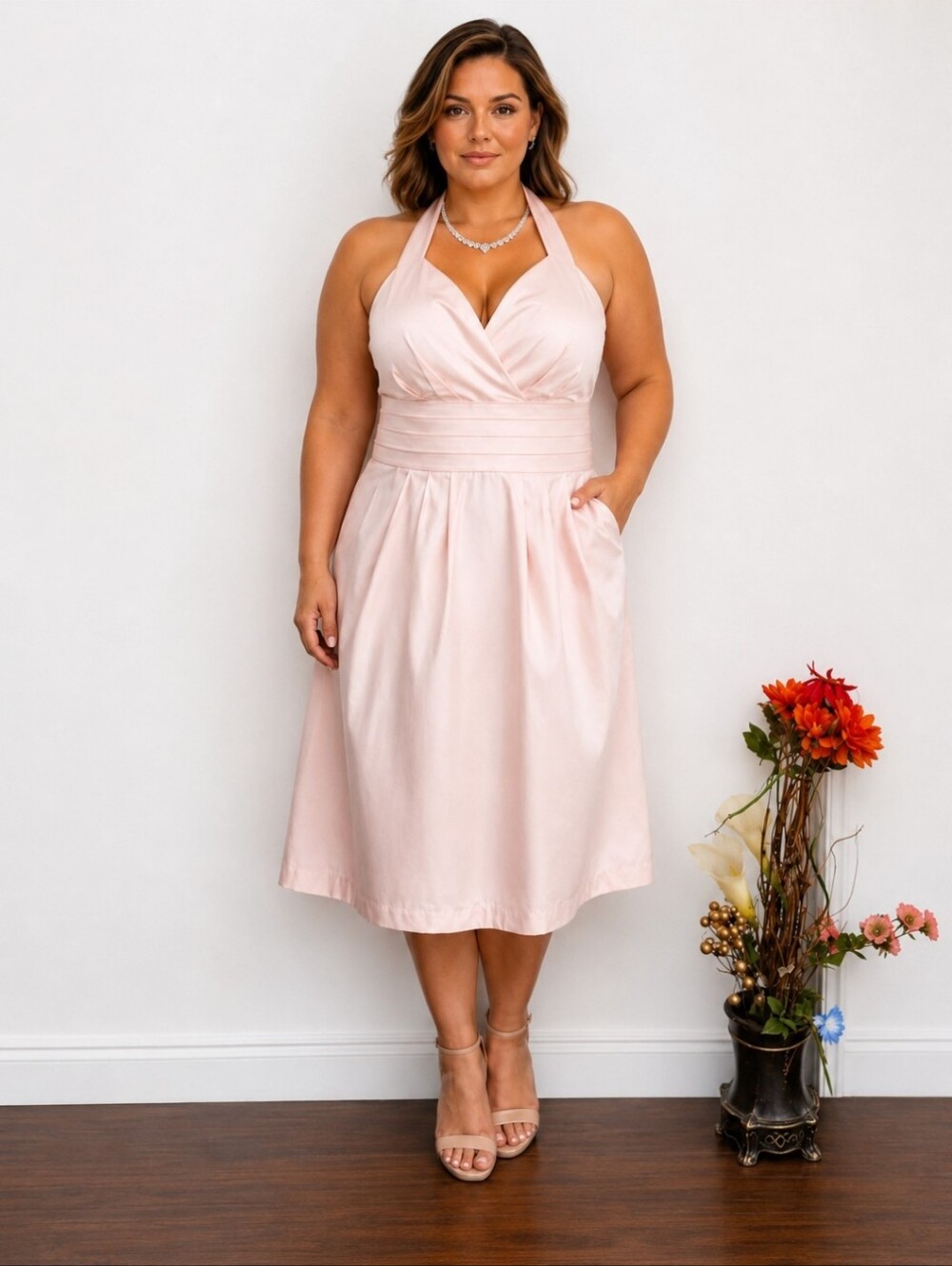 Blush Pink Faux Satin Halter & Backless Dress with Pockets | Size 16W NWT
